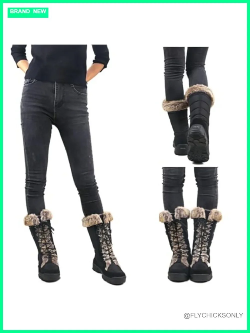 Women's Black Snow Boots Fur Cuff Mid-Calf Waterproof Lace Up Winter